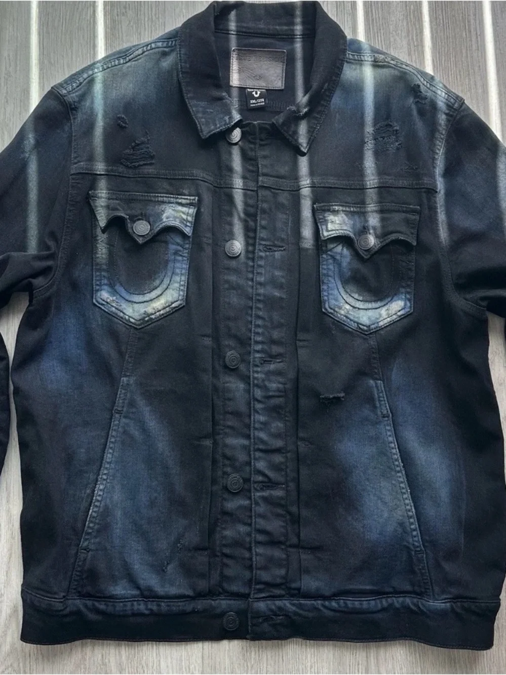 True Religion Men's Black Washed Denim Jacket with Faded Blue Accents